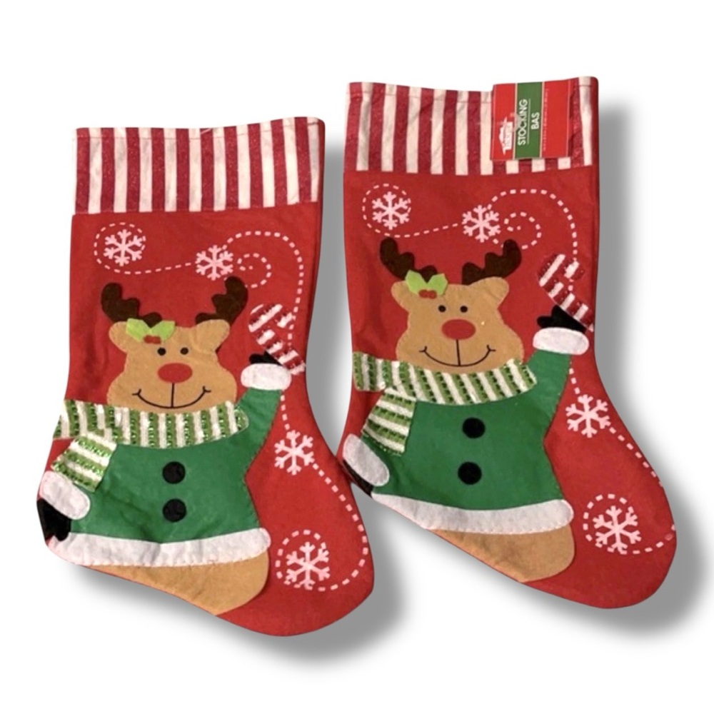 2-Pack Christmas Stockings With Reindeer Design Holiday Decor 16 Inch
